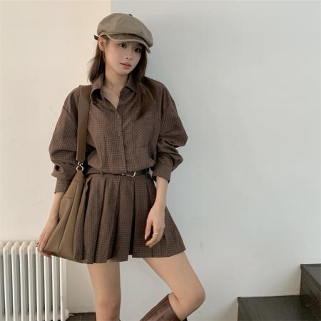 FA38617# 大码party秀韩国代购韩系时尚翻领格纹收腰中长款连衣裙 服裝批發女裝批發服飾貨源