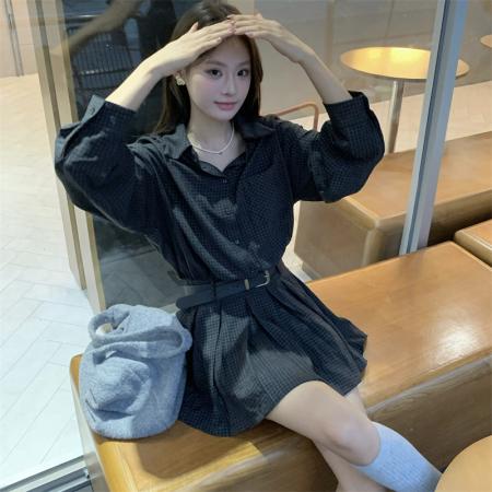 FA38617# 大码party秀韩国代购韩系时尚翻领格纹收腰中长款连衣裙 服裝批發女裝批發服飾貨源