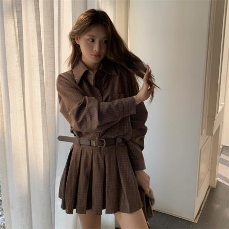 FA38617# 大码party秀韩国代购韩系时尚翻领格纹收腰中长款连衣裙 服裝批發女裝批發服飾貨源