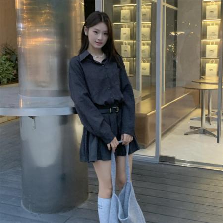 FA38617# 大码party秀韩国代购韩系时尚翻领格纹收腰中长款连衣裙 服裝批發女裝批發服飾貨源