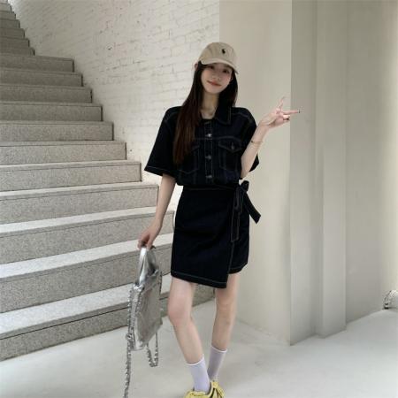 FA38618# 大码设计感收腰牛仔连衣裙时尚气质显瘦休闲A字中长裙 服裝批發女裝批發服飾貨源