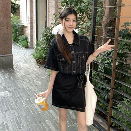 FA38618# 大码设计感收腰牛仔连衣裙时尚气质显瘦休闲A字中长裙 服裝批發女裝批發服飾貨源