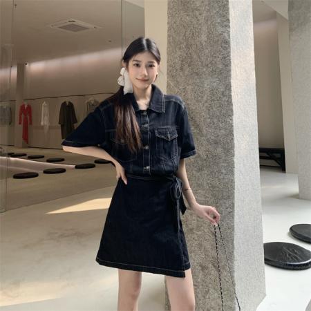 FA38618# 大码设计感收腰牛仔连衣裙时尚气质显瘦休闲A字中长裙 服裝批發女裝批發服飾貨源
