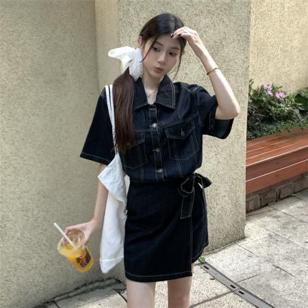 FA38618# 大码设计感收腰牛仔连衣裙时尚气质显瘦休闲A字中长裙 服裝批發女裝批發服飾貨源