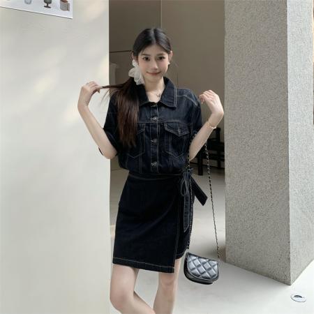 FA38618# 大码设计感收腰牛仔连衣裙时尚气质显瘦休闲A字中长裙 服裝批發女裝批發服飾貨源