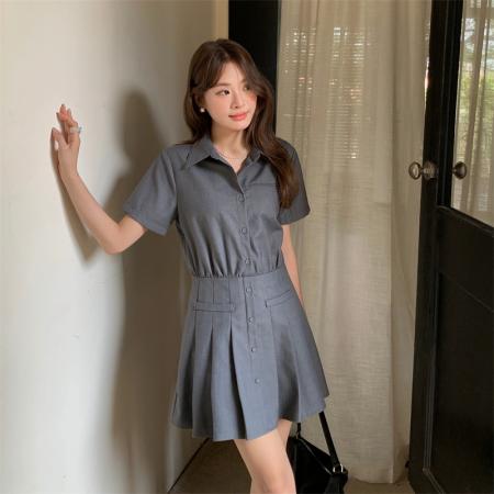 FA38620# 大码高级感气质衬衫裙连衣裙女设计感百褶裙收腰a字短裙 服裝批發女裝批發服飾貨源