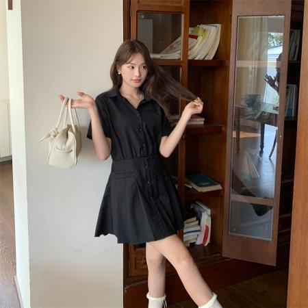FA38620# 大码高级感气质衬衫裙连衣裙女设计感百褶裙收腰a字短裙 服裝批發女裝批發服飾貨源