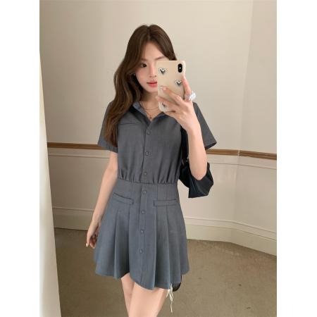 FA38620# 大码高级感气质衬衫裙连衣裙女设计感百褶裙收腰a字短裙 服裝批發女裝批發服飾貨源
