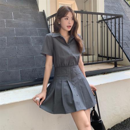 FA38620# 大码高级感气质衬衫裙连衣裙女设计感百褶裙收腰a字短裙 服裝批發女裝批發服飾貨源