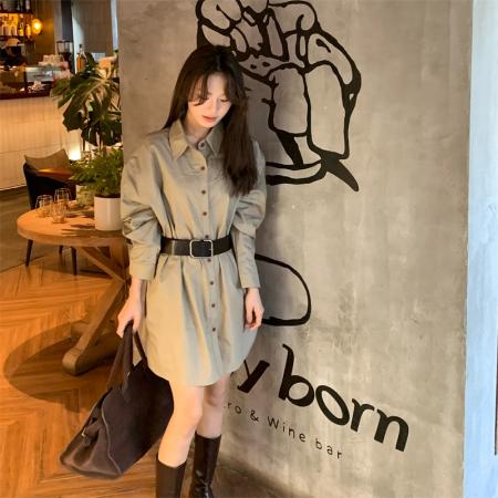 FA38621# 大码时尚气质纯色polo领复古经典衬衫连衣裙收腰显瘦短裙 服裝批發女裝批發服飾貨源