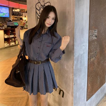 FA38622# 大码胖M复古淑女早春韩版宽松翻领显瘦衬衣格子连衣裙潮 服裝批發女裝批發服飾貨源