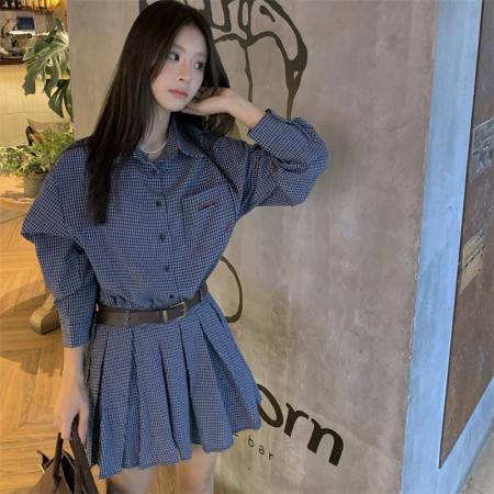 FA38622# 大码胖M复古淑女早春韩版宽松翻领显瘦衬衣格子连衣裙潮 服裝批發女裝批發服飾貨源