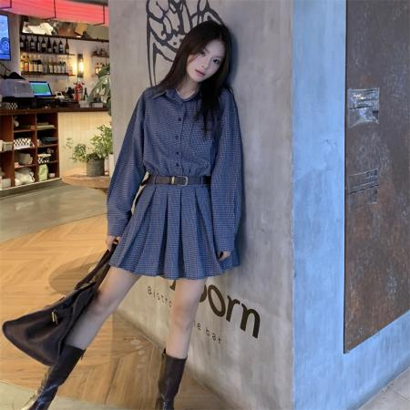 FA38622# 大码胖M复古淑女早春韩版宽松翻领显瘦衬衣格子连衣裙潮 服裝批發女裝批發服飾貨源