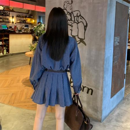 FA38622# 大码胖M复古淑女早春韩版宽松翻领显瘦衬衣格子连衣裙潮 服裝批發女裝批發服飾貨源