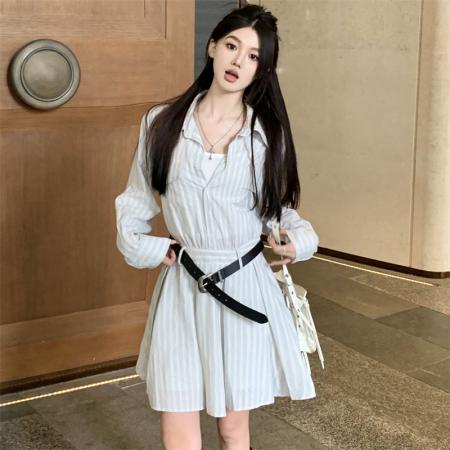 FA38623# 大码胖M老钱风长袖条纹衬衫连衣裙女春季短款百搭 服裝批發女裝批發服飾貨源