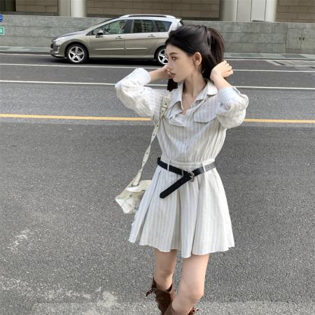 FA38623# 大码胖M老钱风长袖条纹衬衫连衣裙女春季短款百搭 服裝批發女裝批發服飾貨源