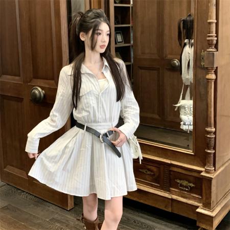 FA38623# 大码胖M老钱风长袖条纹衬衫连衣裙女春季短款百搭 服裝批發女裝批發服飾貨源