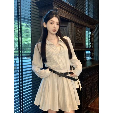 FA38623# 大码胖M老钱风长袖条纹衬衫连衣裙女春季短款百搭 服裝批發女裝批發服飾貨源