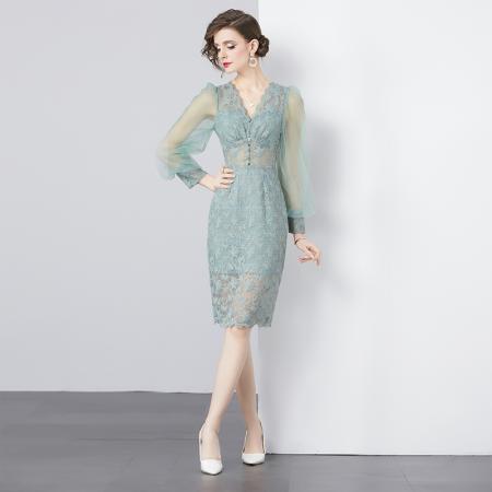 FA38625# 蕾丝连衣裙女长袖春装新款轻熟高级感名媛气质女神范包臀裙 服裝批發女裝批發服飾貨源