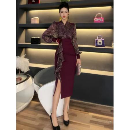 FA38627# 不规则穿搭长袖亮片连衣裙性感减龄名媛风时尚显瘦开叉包臀裙 服裝批發女裝批發服飾貨源