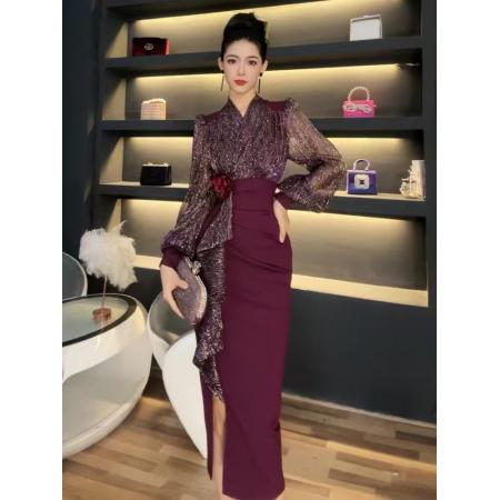 FA38627# 不规则穿搭长袖亮片连衣裙性感减龄名媛风时尚显瘦开叉包臀裙 服裝批發女裝批發服飾貨源