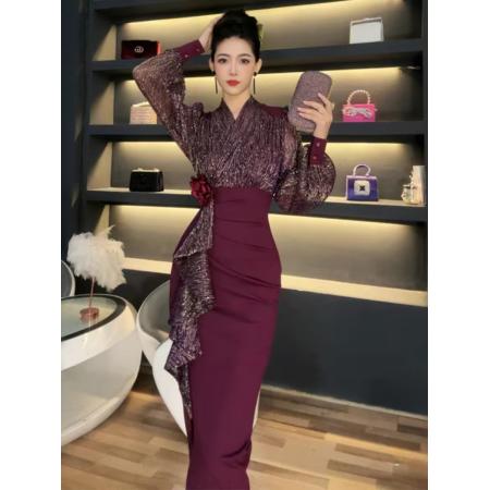 FA38627# 不规则穿搭长袖亮片连衣裙性感减龄名媛风时尚显瘦开叉包臀裙 服裝批發女裝批發服飾貨源