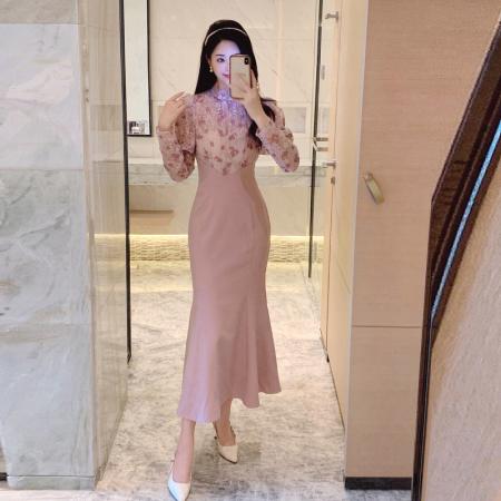 FA38629# 甜美温柔风连衣裙新款女秋冬季气质名媛粉色修身包臀鱼尾长裙 服裝批發女裝批發服飾貨源