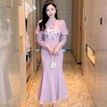 FA38629# 甜美温柔风连衣裙新款女秋冬季气质名媛粉色修身包臀鱼尾长裙 服裝批發女裝批發服飾貨源