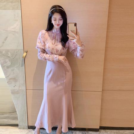 FA38629# 甜美温柔风连衣裙新款女秋冬季气质名媛粉色修身包臀鱼尾长裙 服裝批發女裝批發服飾貨源
