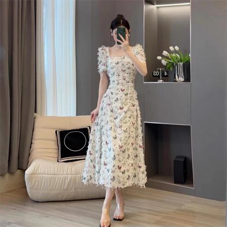FA38631# 法式蝴蝶印花方领收腰连衣裙女夏季新款小众日常流苏长裙 服裝批發女裝批發服飾貨源