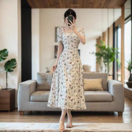 FA38631# 法式蝴蝶印花方领收腰连衣裙女夏季新款小众日常流苏长裙 服裝批發女裝批發服飾貨源
