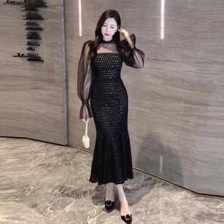 FA38632# 显瘦鱼尾性感复古赫本风拼接网纱修身气质包臀中长款裙子 服裝批發女裝批發服飾貨源