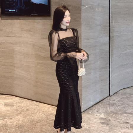 FA38632# 显瘦鱼尾性感复古赫本风拼接网纱修身气质包臀中长款裙子 服裝批發女裝批發服飾貨源
