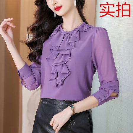 FA38634# 秋装法式紫色雪纺衫上衣女荷叶边显瘦宽松打底衫衬衣 服裝批發女裝批發服飾貨源