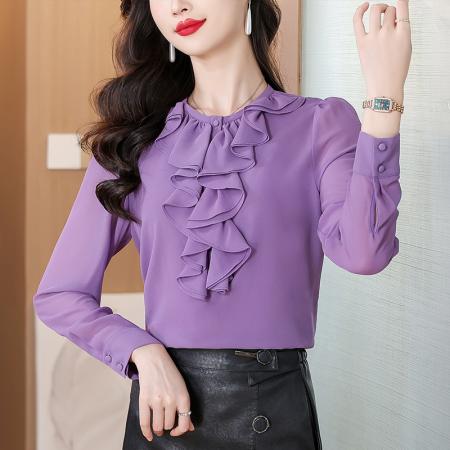 FA38634# 秋装法式紫色雪纺衫上衣女荷叶边显瘦宽松打底衫衬衣 服裝批發女裝批發服飾貨源