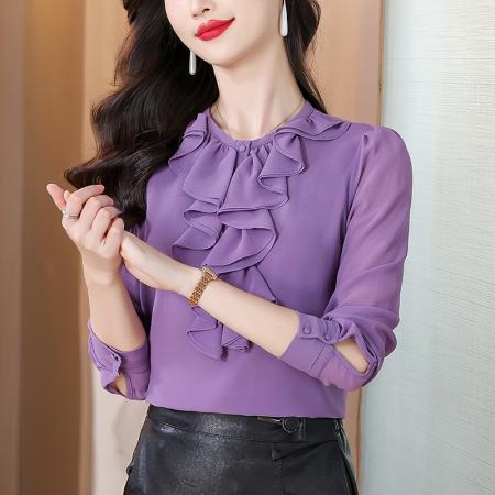 FA38634# 秋装法式紫色雪纺衫上衣女荷叶边显瘦宽松打底衫衬衣 服裝批發女裝批發服飾貨源
