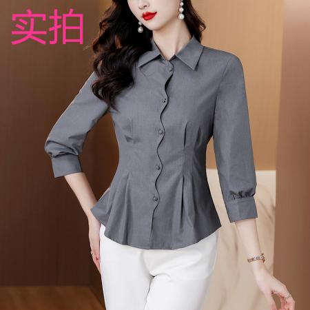FA38635# 春装长袖刺绣粉色衬衫上衣女收腰显瘦打底衫天丝衬衣 服裝批發女裝批發服飾貨源