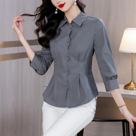 FA38635# 春装长袖刺绣粉色衬衫上衣女收腰显瘦打底衫天丝衬衣 服裝批發女裝批發服飾貨源