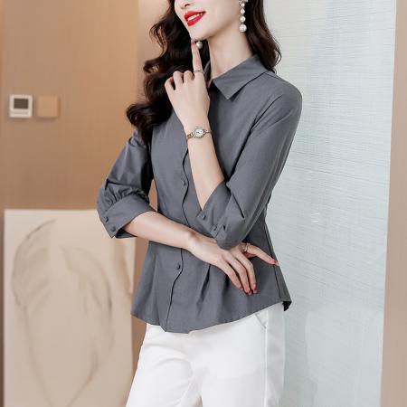 FA38635# 春装长袖刺绣粉色衬衫上衣女收腰显瘦打底衫天丝衬衣 服裝批發女裝批發服飾貨源