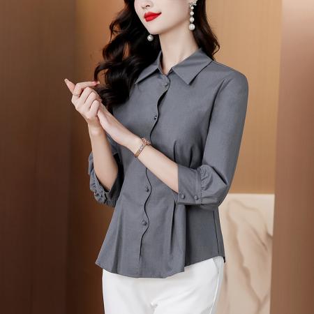 FA38635# 春装长袖刺绣粉色衬衫上衣女收腰显瘦打底衫天丝衬衣 服裝批發女裝批發服飾貨源