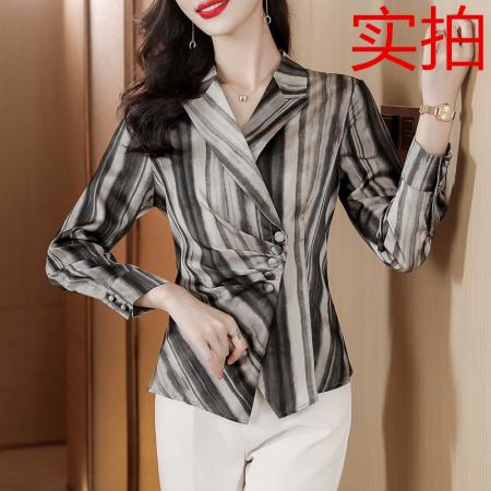 FA38636# 缎面衬衫女短袖上衣条纹水墨印花修身收腰衬衣职业显瘦西装领夏季 服裝批發女裝批發服飾貨源