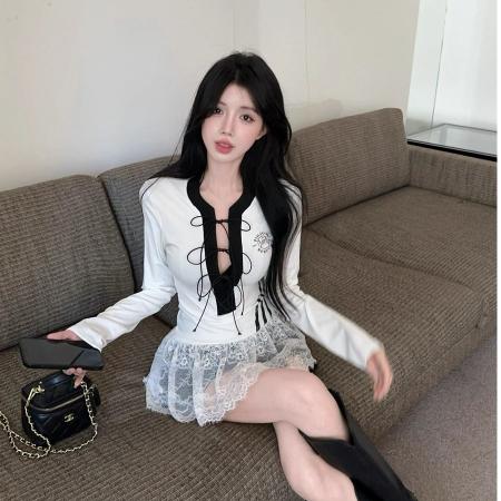 FA38638# 韩版别致性感辣妹修身显瘦内搭蕾袖系绳T恤上衣女秋 服裝批發女裝批發服飾貨源