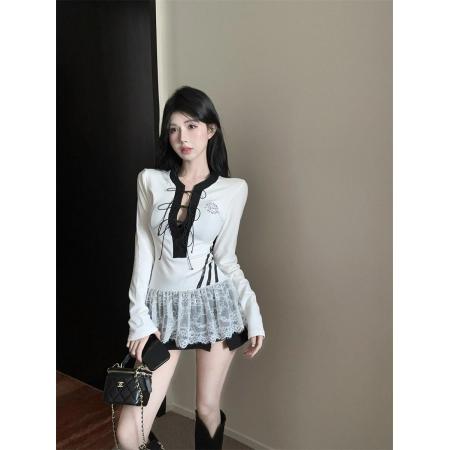 FA38638# 韩版别致性感辣妹修身显瘦内搭蕾袖系绳T恤上衣女秋 服裝批發女裝批發服飾貨源