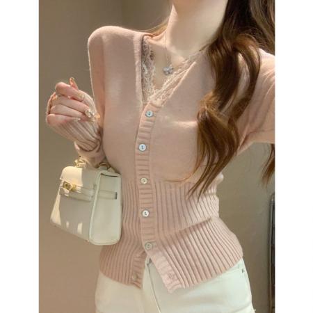 FA38639# v领蕾丝拼接针织衫女春秋季新款修身显瘦内搭上衣 服裝批發女裝批發服飾貨源