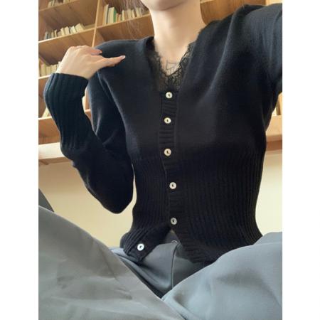 FA38639# v领蕾丝拼接针织衫女春秋季新款修身显瘦内搭上衣 服裝批發女裝批發服飾貨源
