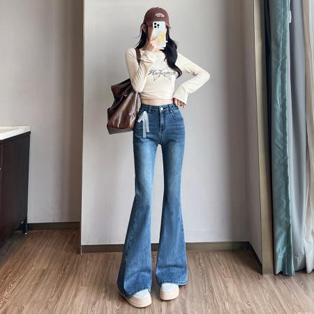 FA38641# 刺绣微喇牛仔裤女秋冬季新款高腰显瘦弹力修身辣妹喇叭裤 服裝批發女裝批發服飾貨源