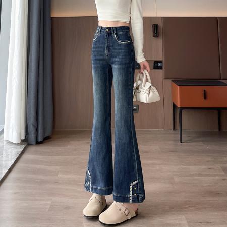 FA38642# 复古花边设计感微喇牛仔裤女秋冬新款小个子修身时髦喇叭裤子 服裝批發女裝批發服飾貨源