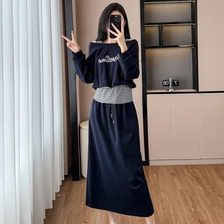 FA38649# 早秋新款韩版时尚露肩假两件长袖T恤卫衣上衣半身裙两件套装 服裝批發女裝批發服飾貨源