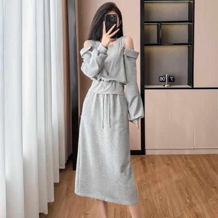 FA38650# 运动休闲套装女秋季新款露肩假两件上衣A字短裙两件套 服裝批發女裝批發服飾貨源