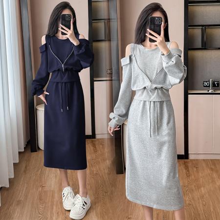 FA38650# 运动休闲套装女秋季新款露肩假两件上衣A字短裙两件套 服裝批發女裝批發服飾貨源